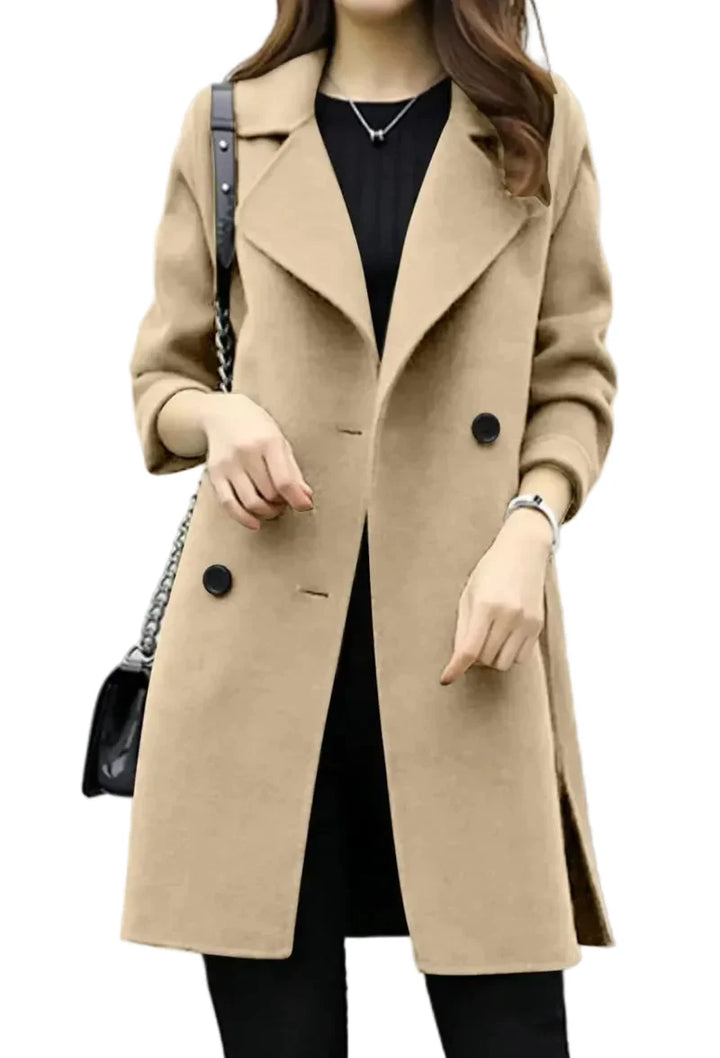 Damen Wintermantel mit Reverskragen in Midilänge in Beige