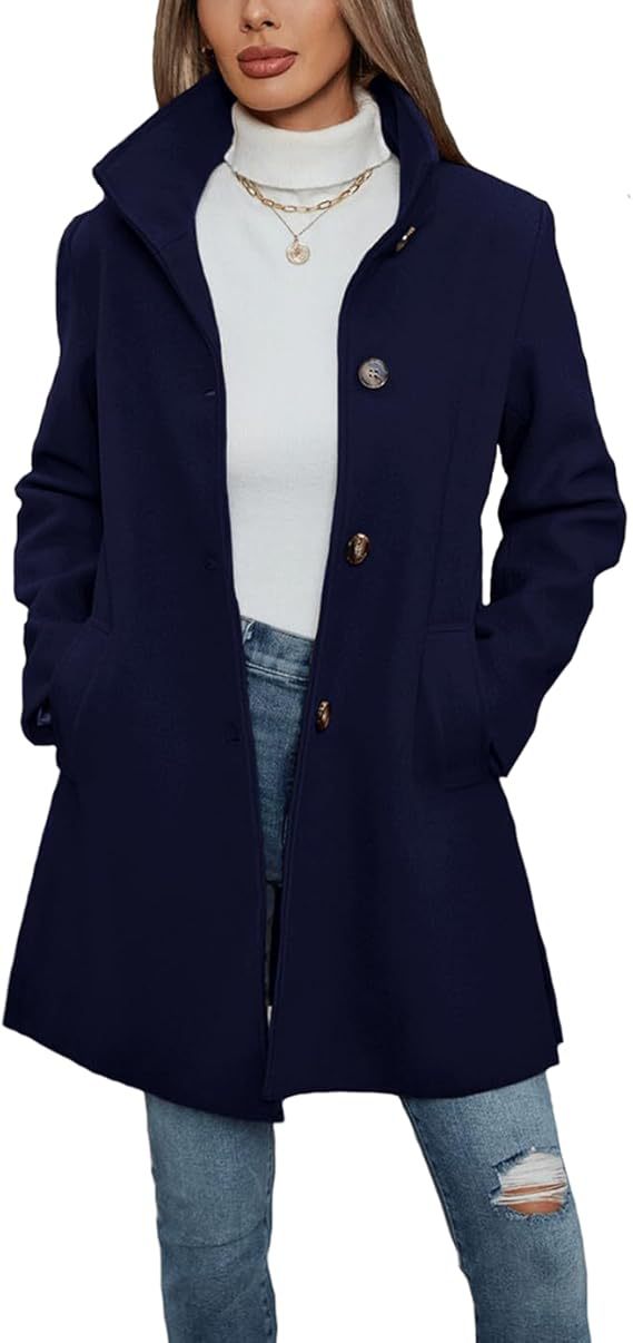 Damen Wintermantel mit Stehkragen und A-Linie in Marineblau