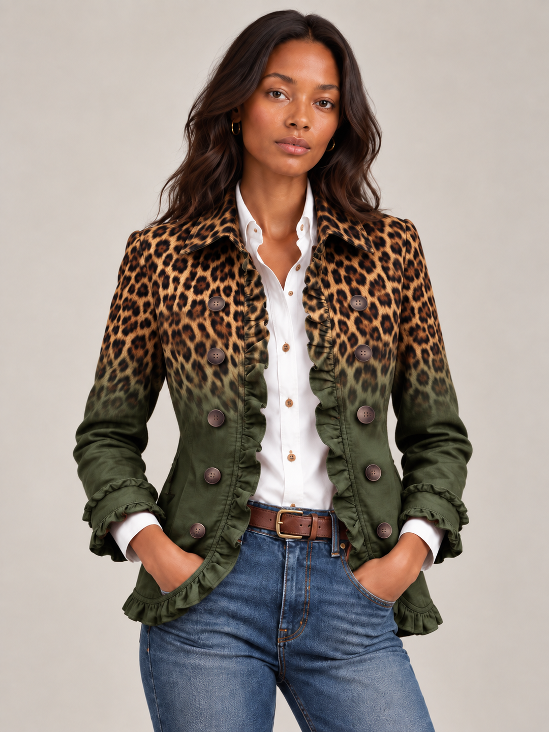 Damen Wintermantel mit strukturiertem Blazer-Schnitt und Leopardenmuster in Grün