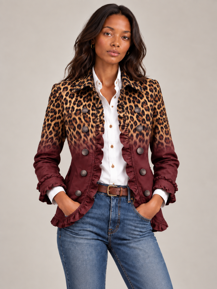 Damen Wintermantel mit strukturiertem Blazer-Schnitt und Leopardenmuster in Rot