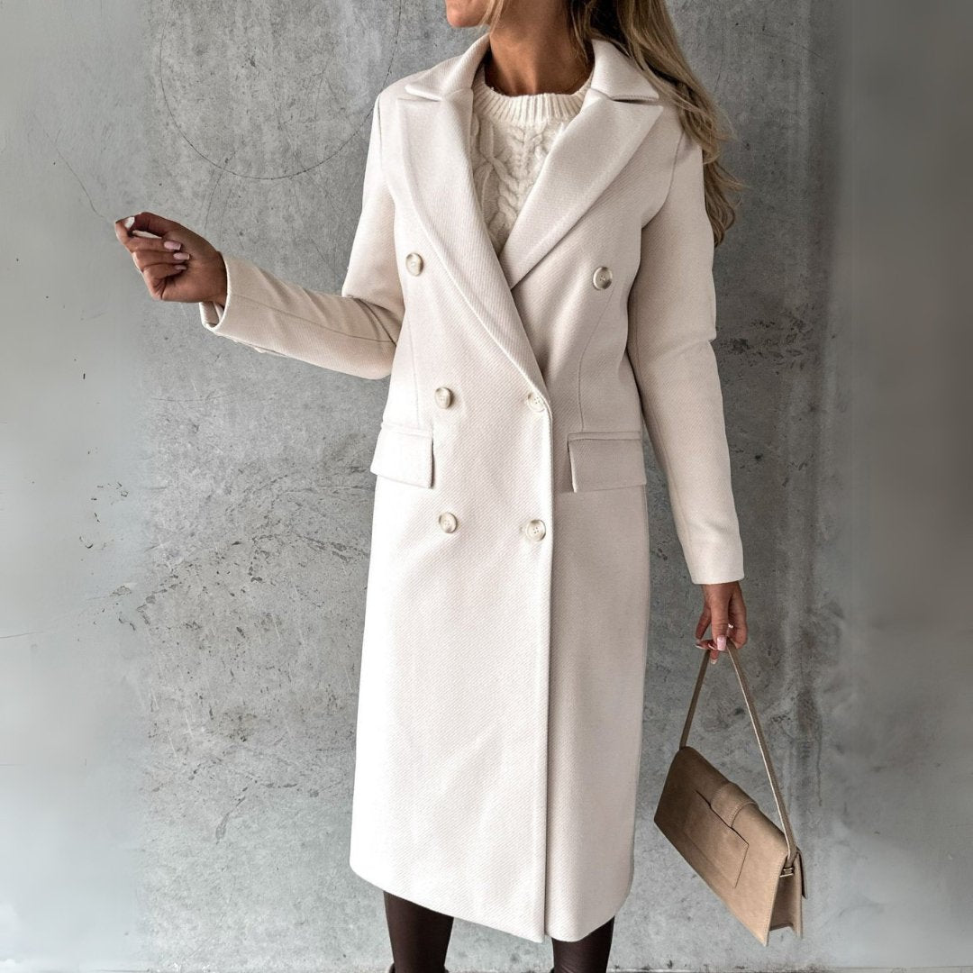 Damen Wintermantel Zweireihig Lange Form in Creme