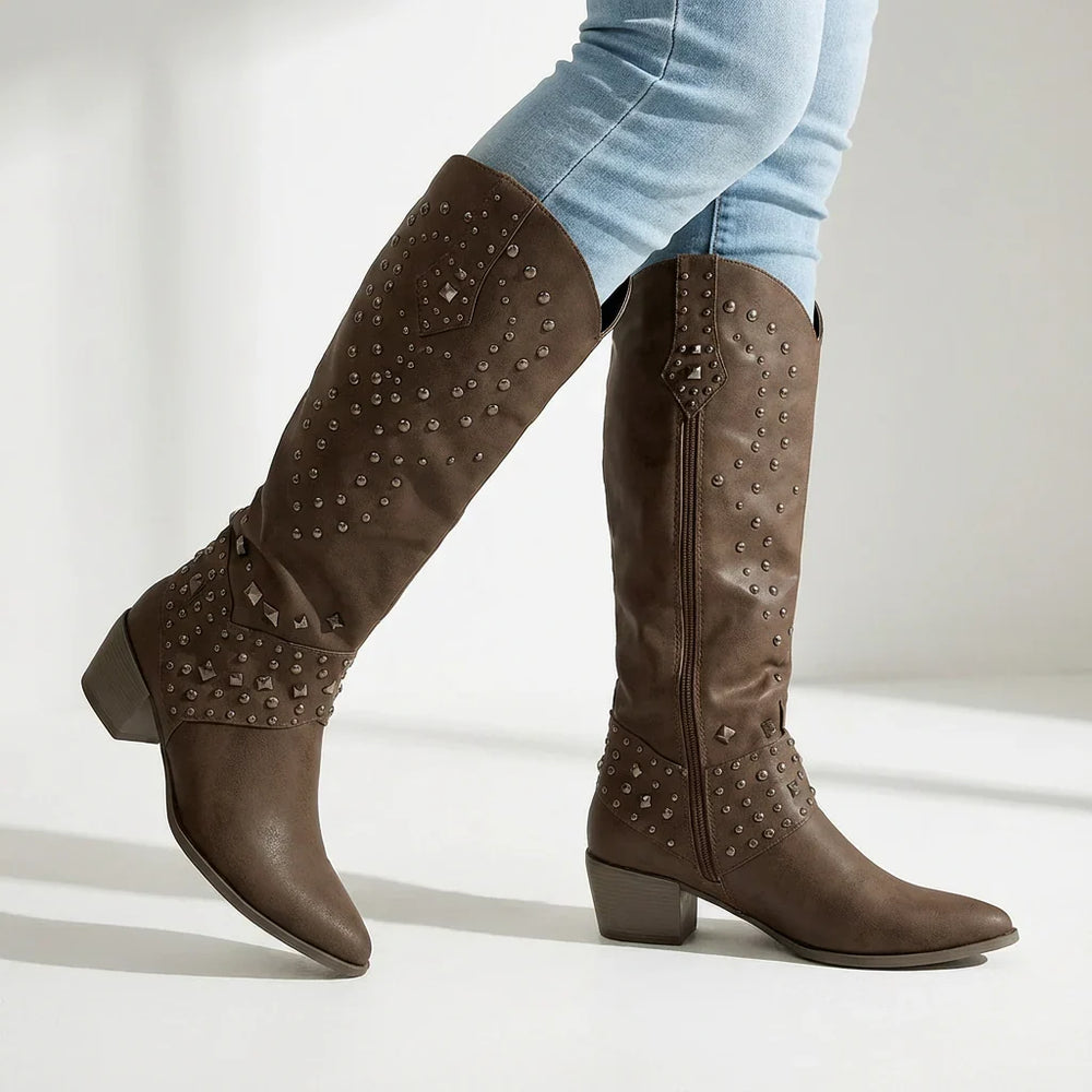 Damen Winterstiefel im Western-Stil mit Nieten in Braun