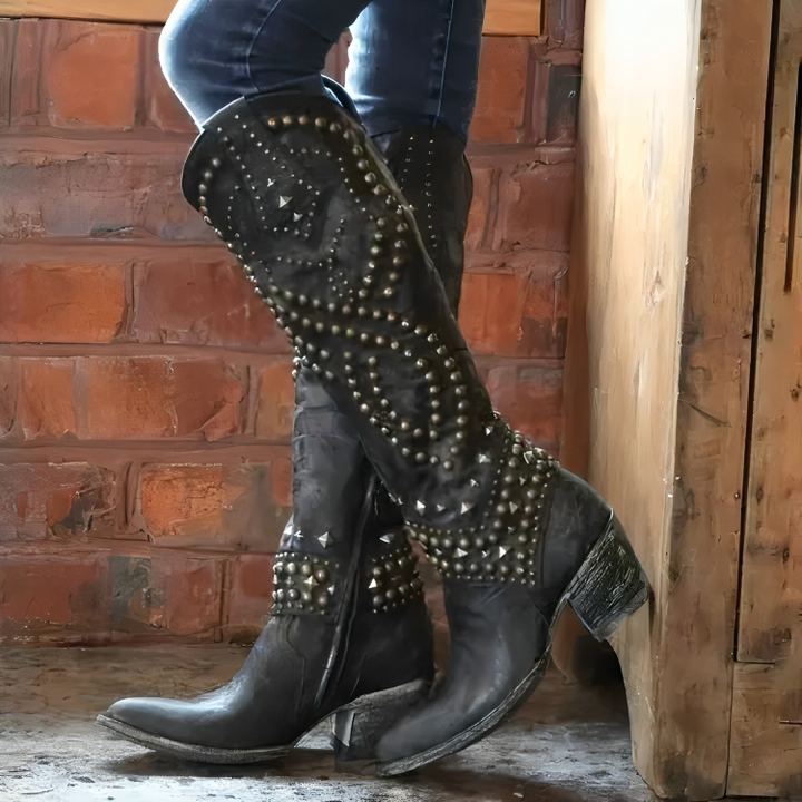 Damen Winterstiefel im Western-Stil mit Nieten in Schwarz