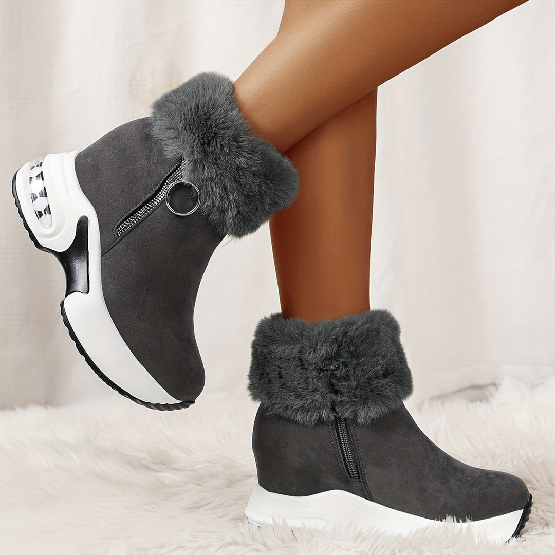 Damen Winterstiefeletten aus Kunstfell mit Plattformsohle in Grau