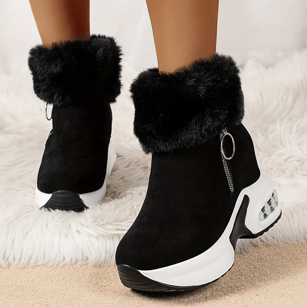 Damen Winterstiefeletten aus Kunstfell mit Plattformsohle in Schwarz