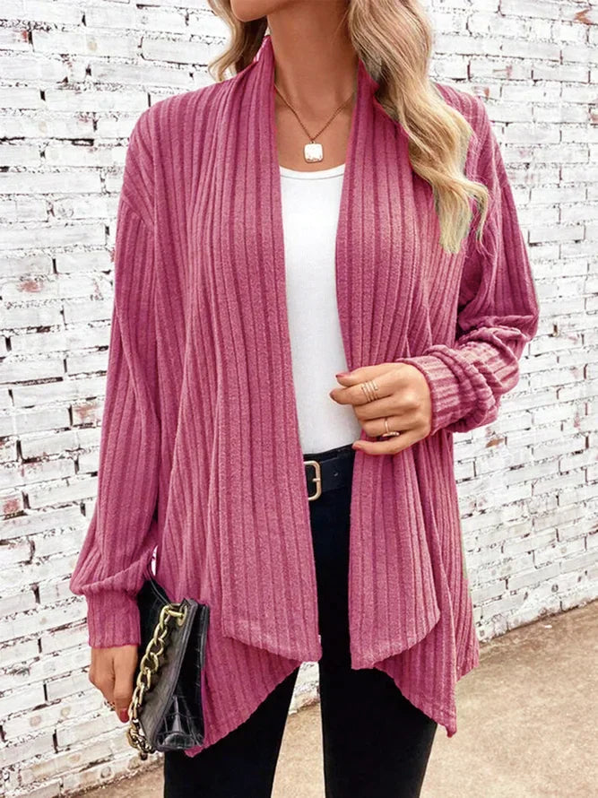 Damen Winterstrickjacke mit Wasserfall-Revers im Rippstrick in Dunkelrosa