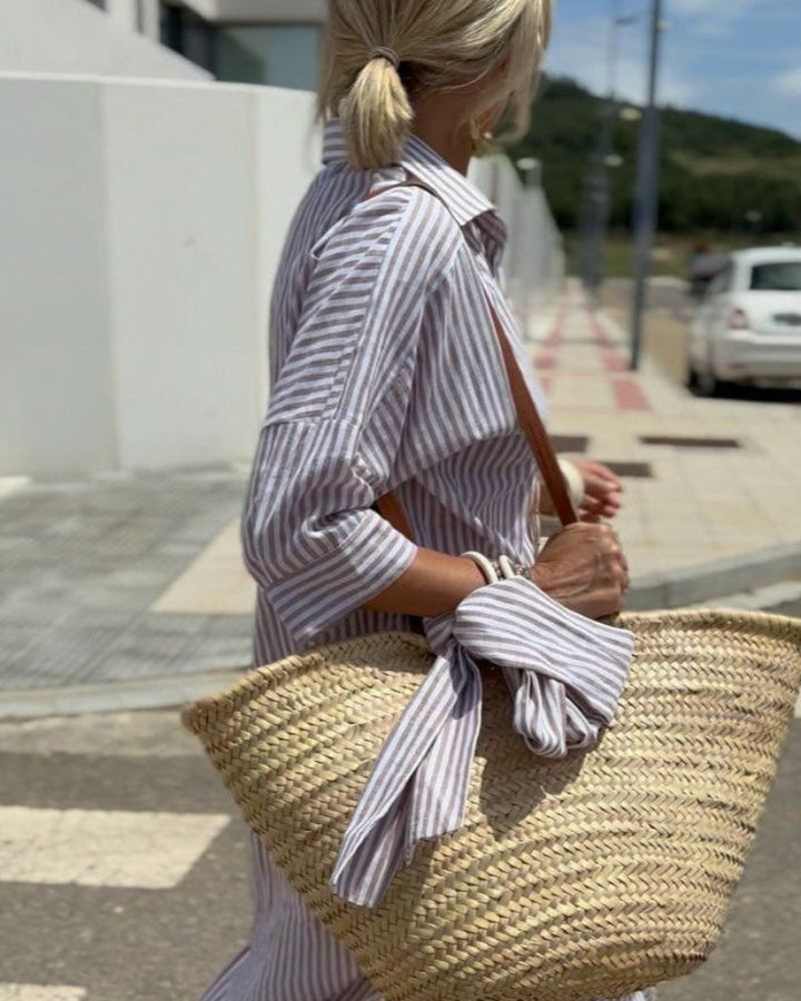 Damen Zeitlos Gestreiftes Sommer Hemdblusenkleid in Grau