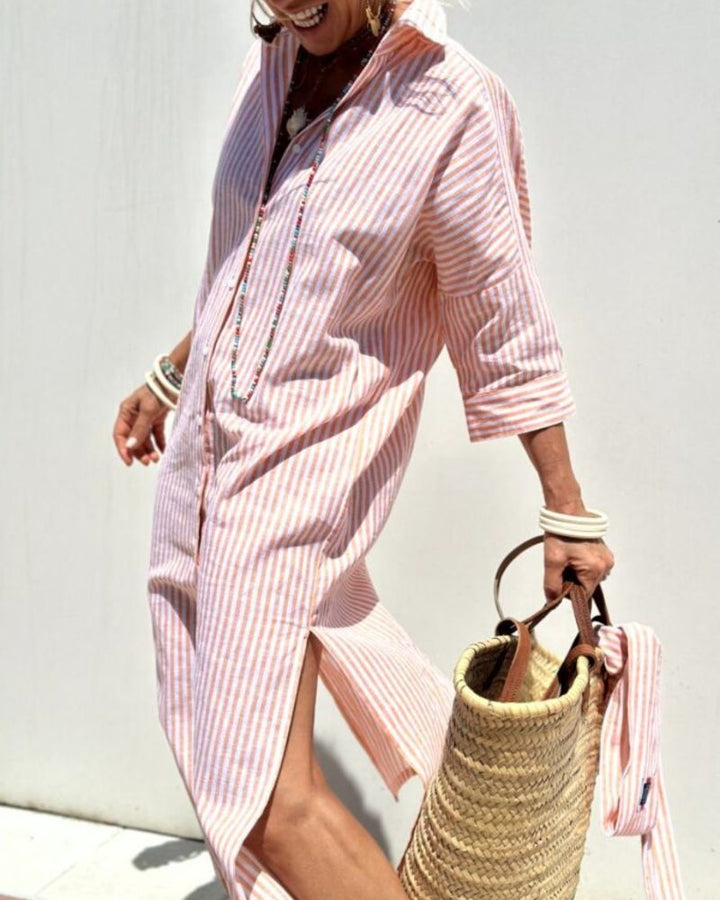 Damen Zeitlos Gestreiftes Sommer Hemdblusenkleid in Rosa 2