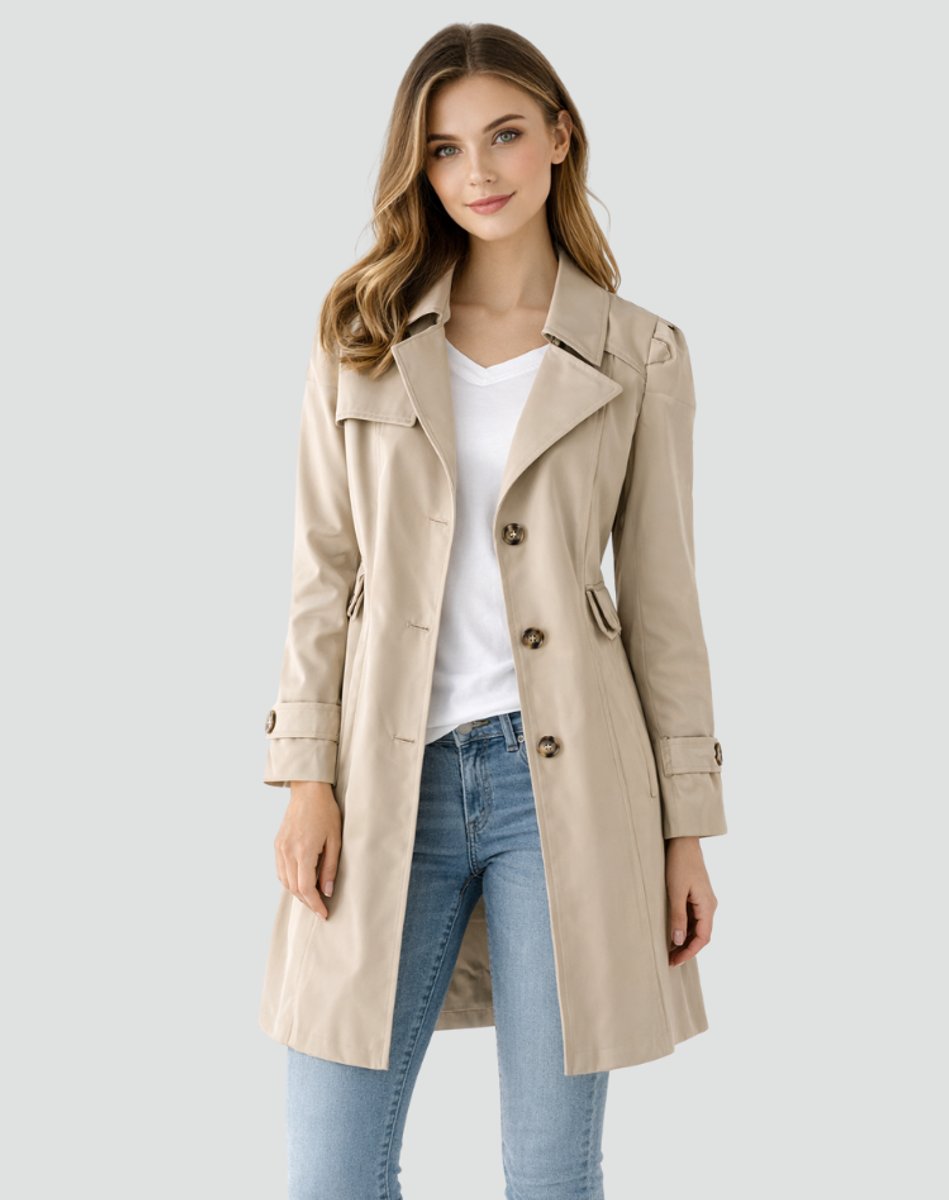 Damen Zeitloser Eleganter Taillierter Trenchcoat in Khaki
