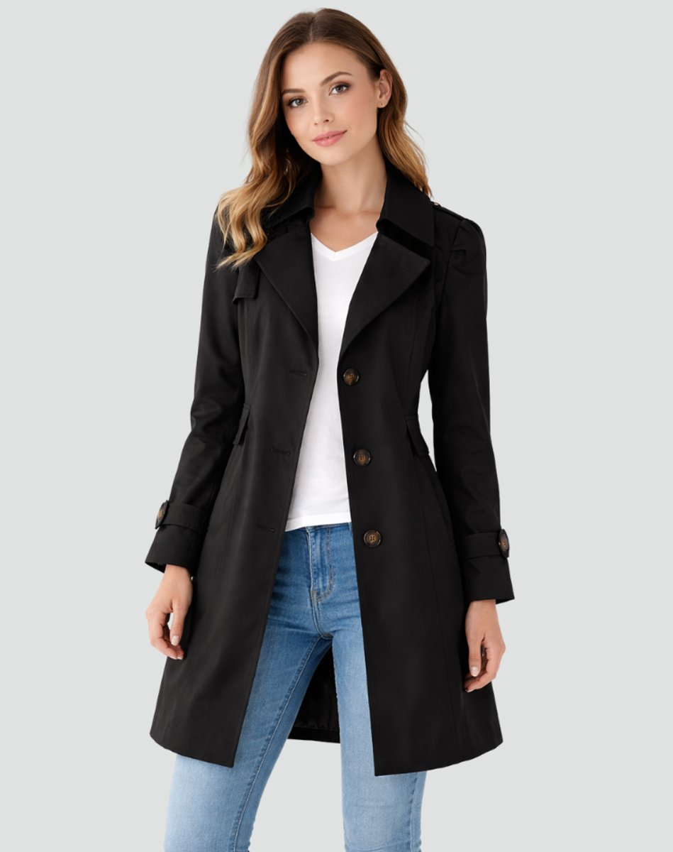 Damen Zeitloser Eleganter Taillierter Trenchcoat in Schwarz