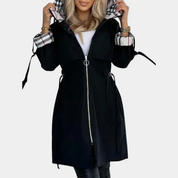 Damen Zeitloser Trenchcoat mit Kapuze und Gürtel in Schwarz