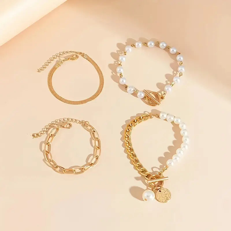 Elegantes 4-teiliges Goldarmband-Set – Schlange, Perlen und Glieder