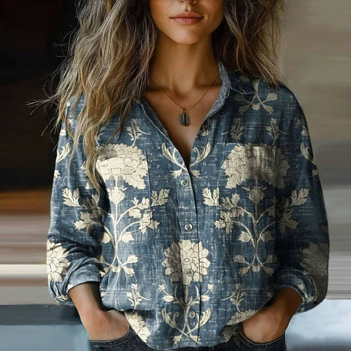 Elegante Damen Bluse im Boho-Vintage-Stil in Blau