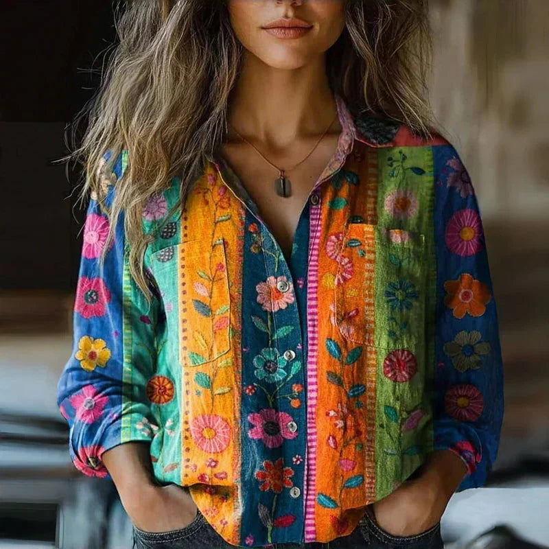 Elegante Damen Bluse im Boho-Vintage-Stil in Mehrfarbig