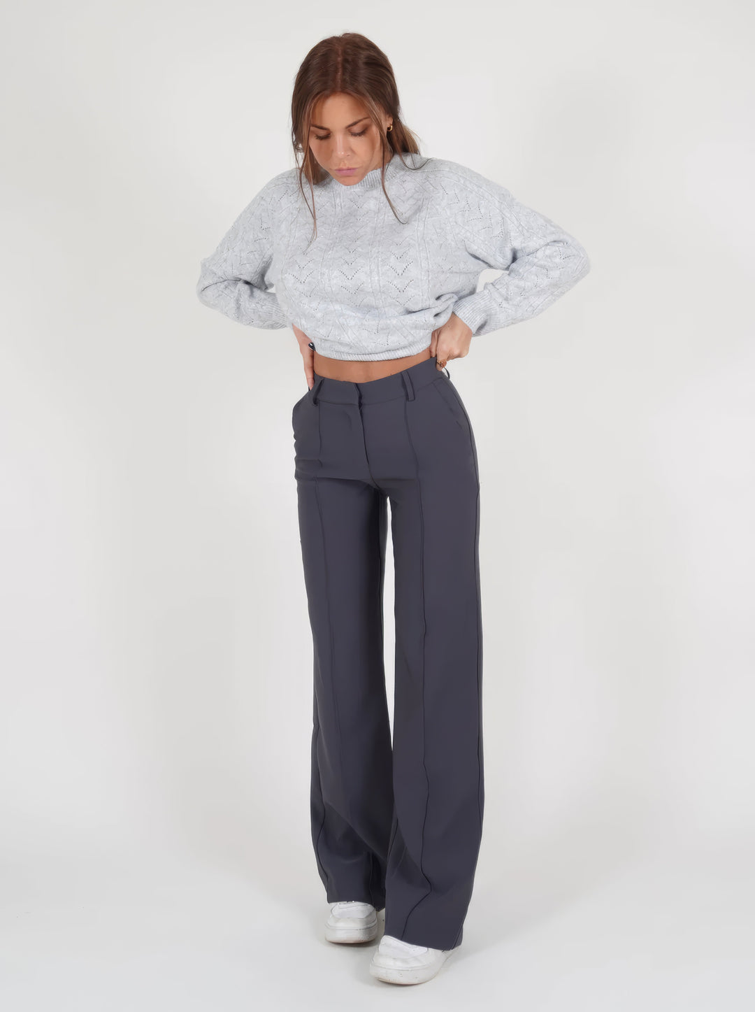 Elegante Damen Hose mit hoher Taille in Grau 1