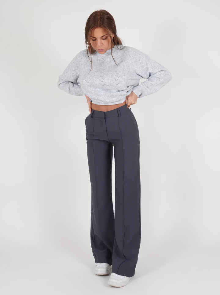 Elegante Damen Hose mit hoher Taille in Grau 1
