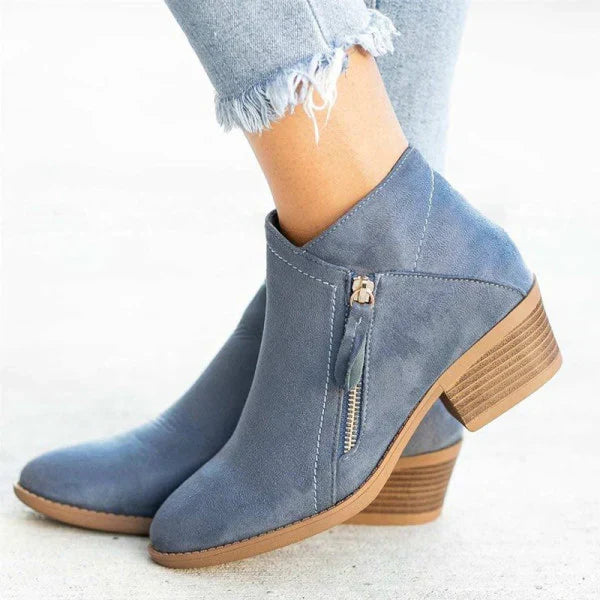 Elegante Damen Lederstiefeletten mit niedrigem Absatz in Blau