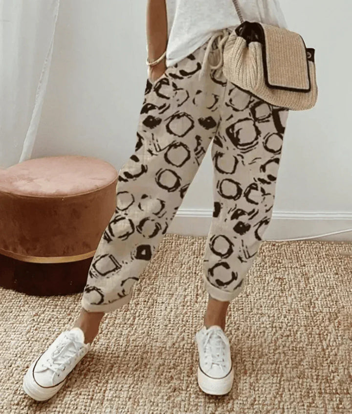 Elegante Damen Leinenhose in Beige (mit Kreismuster)