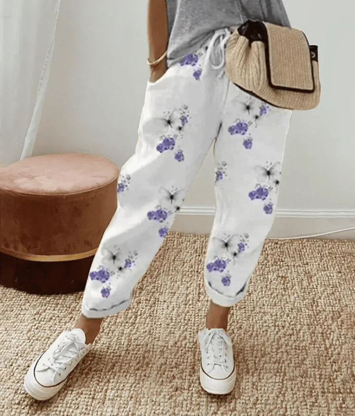 Elegante Damen Leinenhose in Blumenmuster