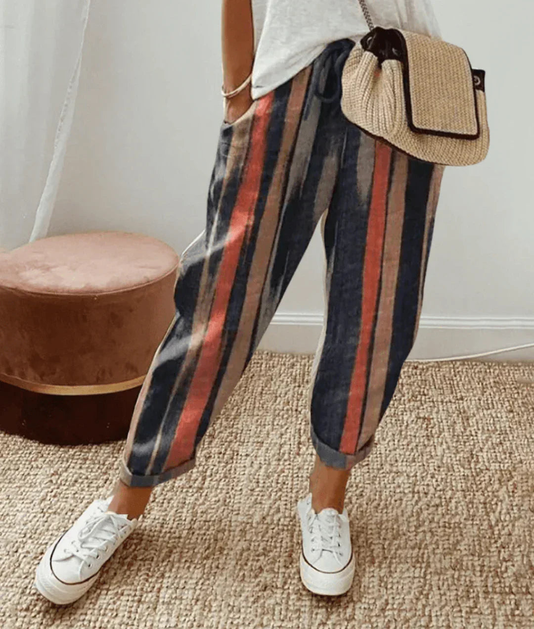 Elegante Damen Leinenhose in Gestreift