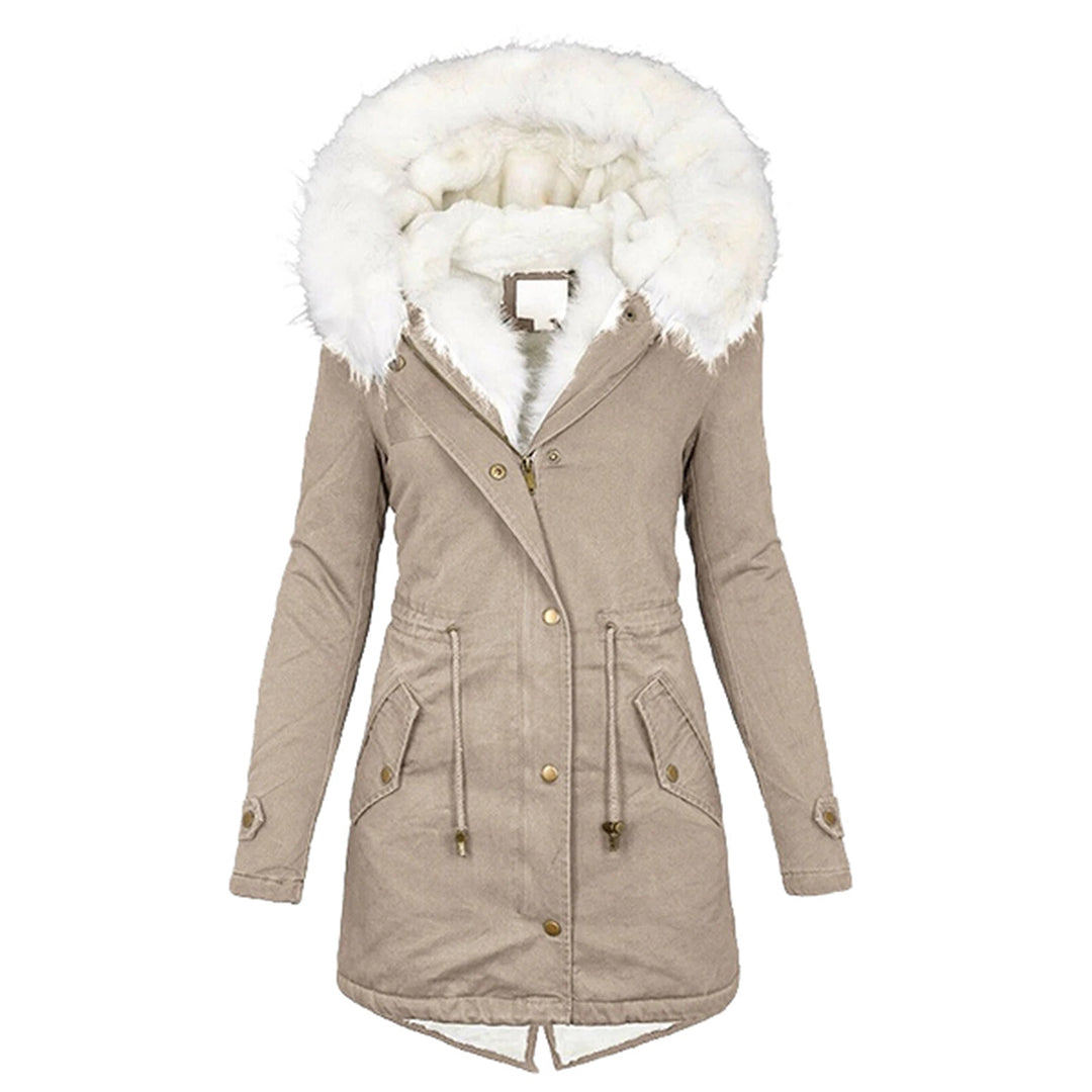 Elegante Damen Winterjacke mit Kapuze und Fleece in Khaki