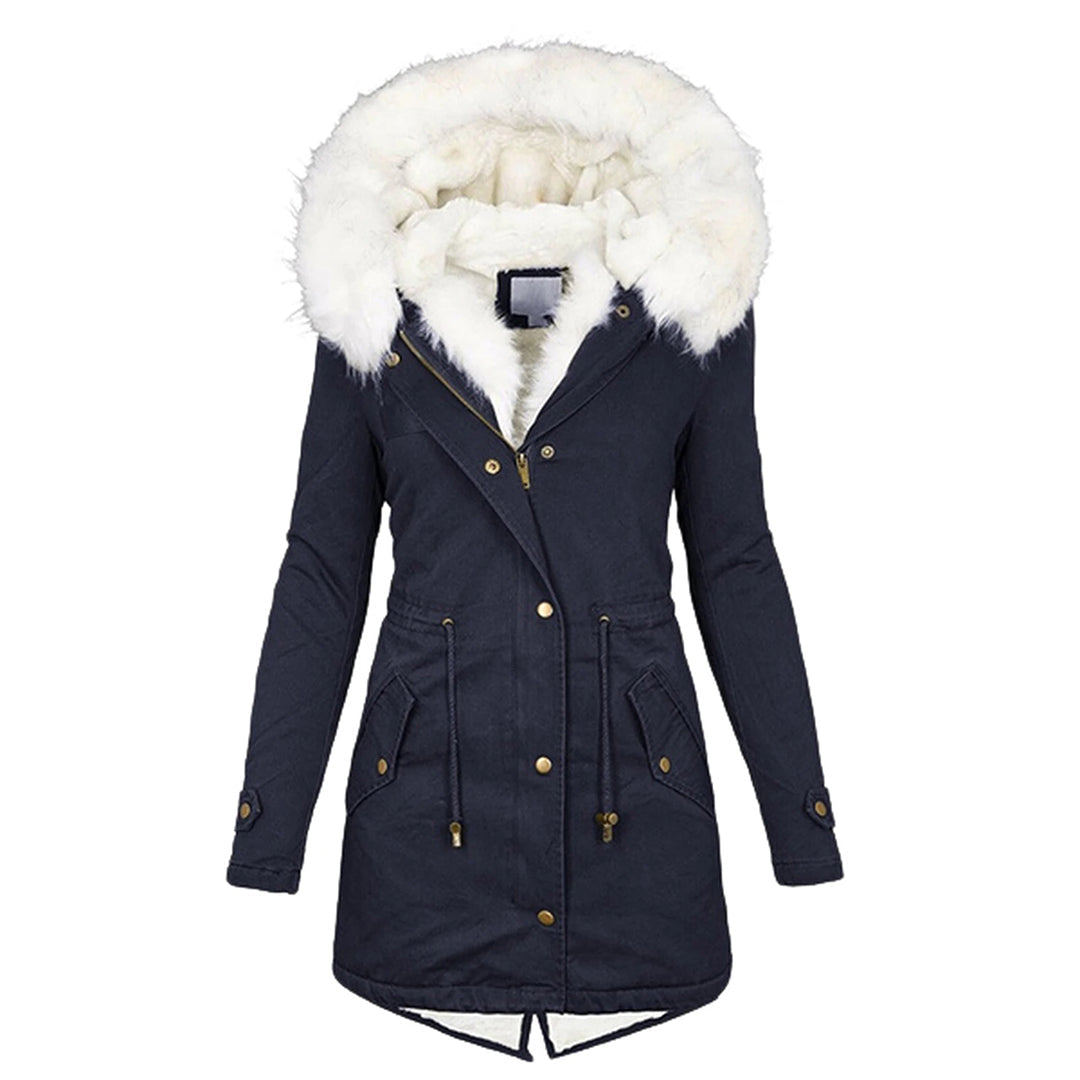 Elegante Damen Winterjacke mit Kapuze und Fleece in Marineblau