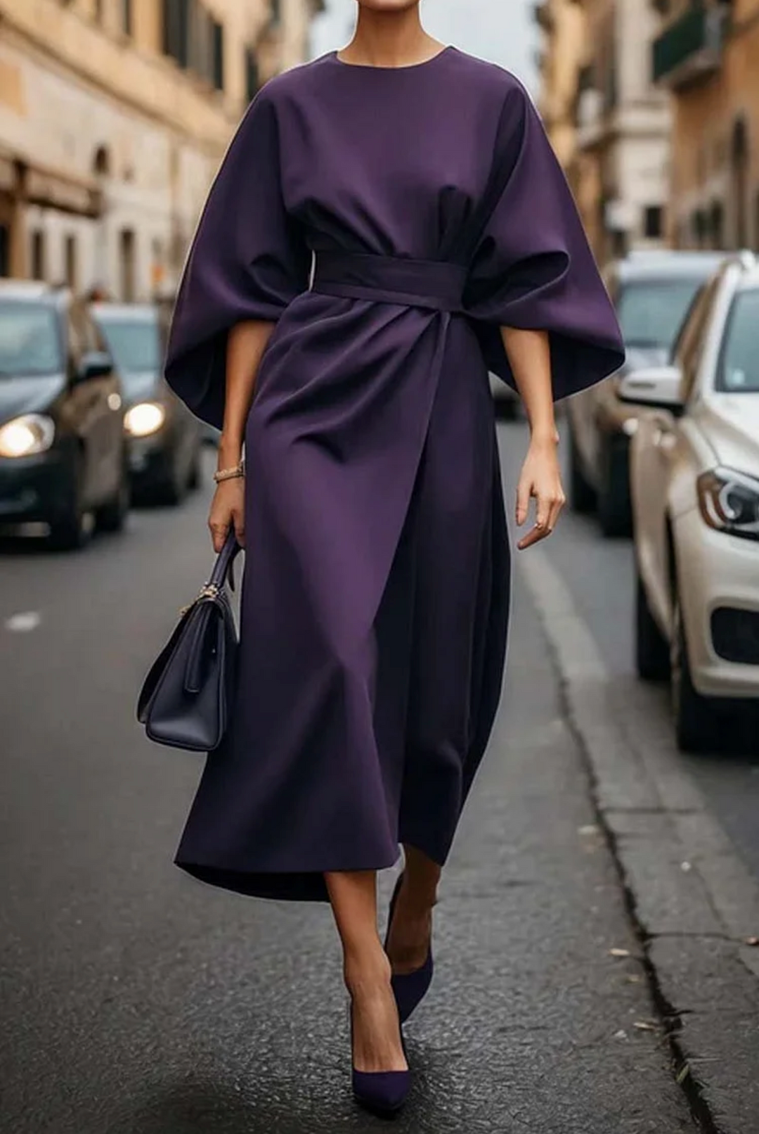 Elegante Damenkleider mit Gürteldetail und Puffärmeln in Lila