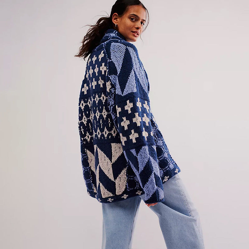 Elegante Lange Damen Strickjacke Oversized in Blau