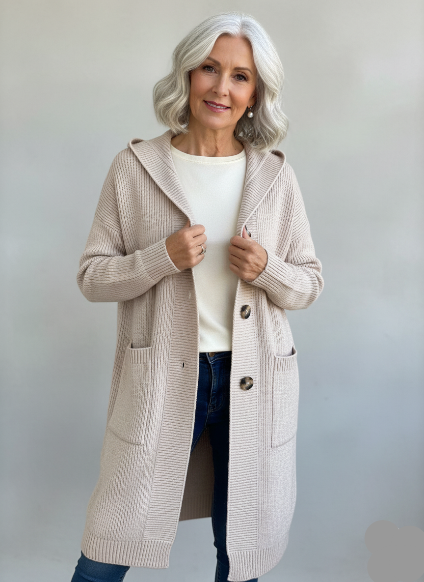 Elegante Longline-Strickjacke mit Kapuze für Damen in Beige