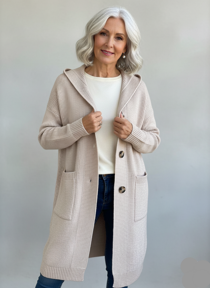 Elegante Longline-Strickjacke mit Kapuze für Damen in Beige