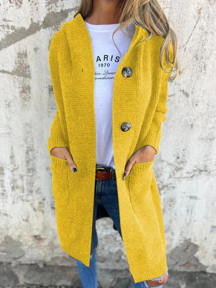 Elegante Longline-Strickjacke mit Kapuze für Damen in Gelb