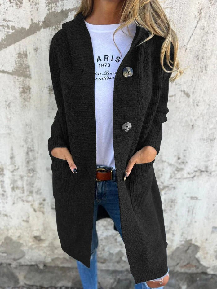 Elegante Longline-Strickjacke mit Kapuze für Damen in Schwarz