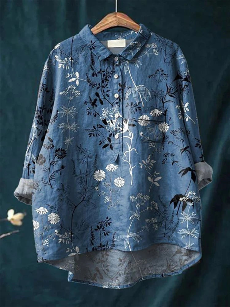 Elegante Romantik-Bluse in Blaues Blumenmuster