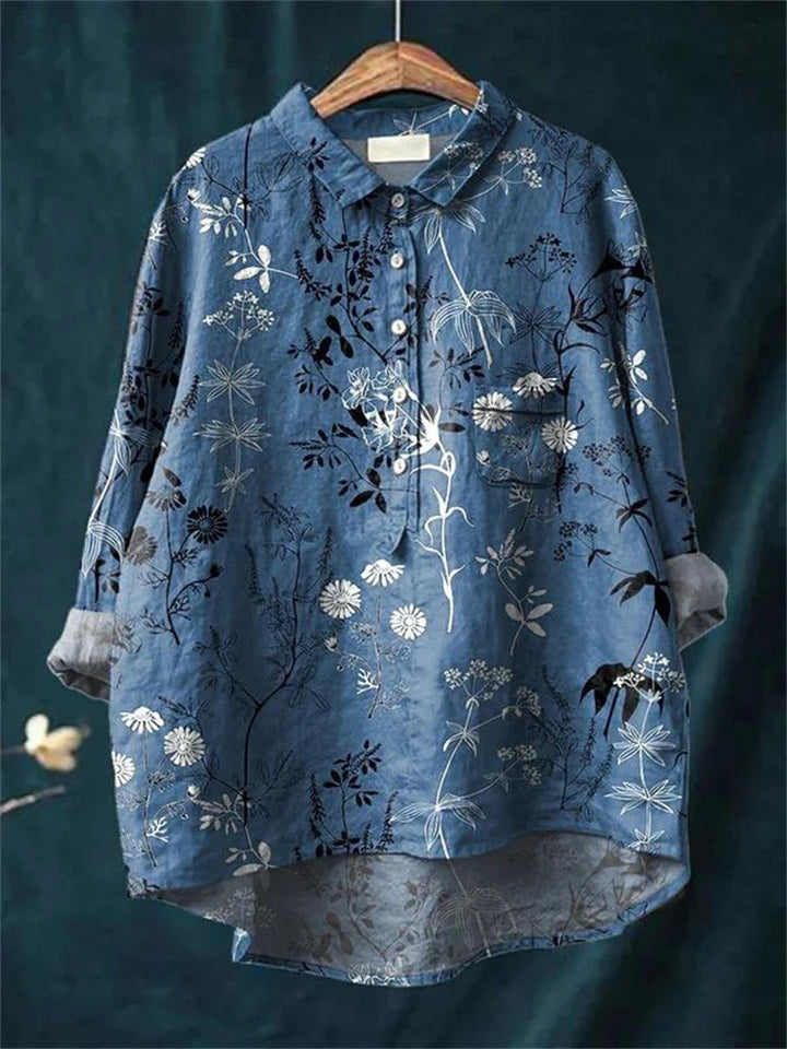 Elegante Romantik-Bluse in Blaues Blumenmuster