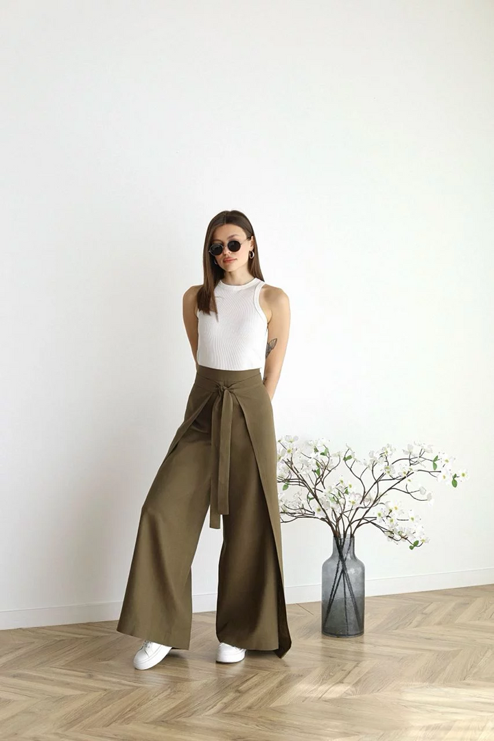 Elegante Weite Leinenhosen in Khaki