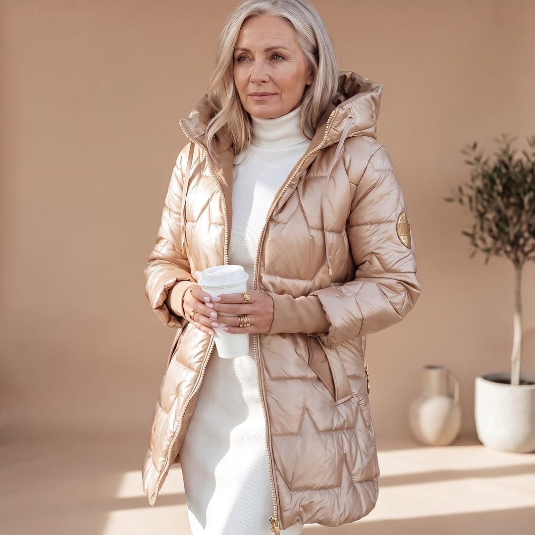 Elegante Winterjacke Damen Midi mit Puffer in Champagner