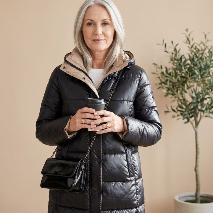 Elegante Winterjacke Damen Midi mit Puffer in Schwarz