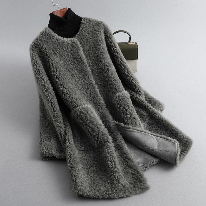 Eleganter Damen Mantel aus luxuriösem Lammfell in Graphite Gray
