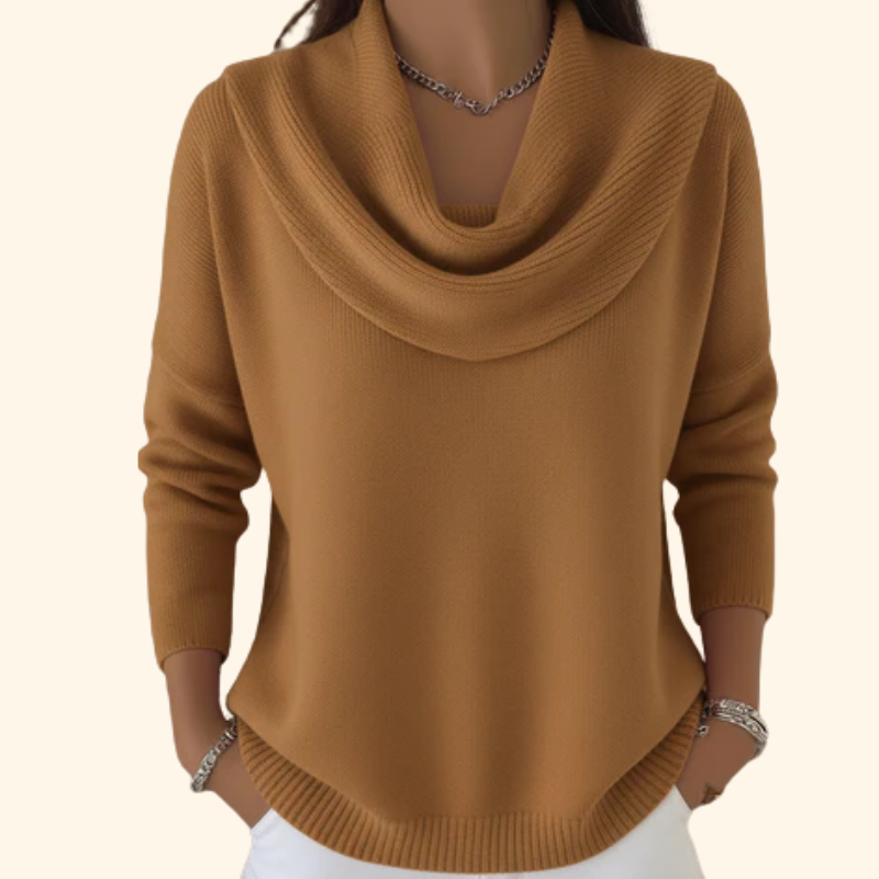 Eleganter Damen Pullover mit Wasserfallkragen in Braun