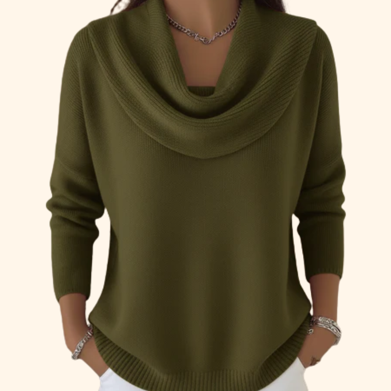 Eleganter Damen Pullover mit Wasserfallkragen in Grün