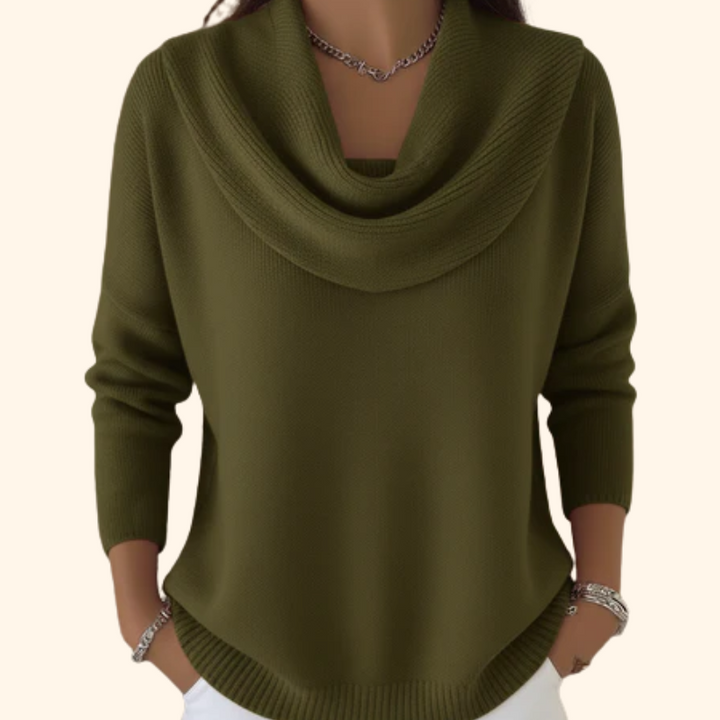 Eleganter Damen Pullover mit Wasserfallkragen in Grün