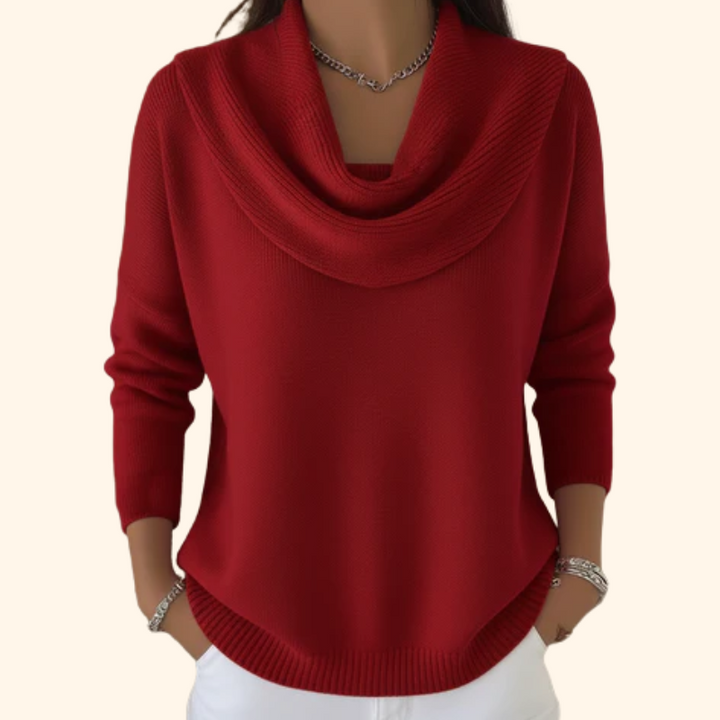Eleganter Damen Pullover mit Wasserfallkragen in Rot