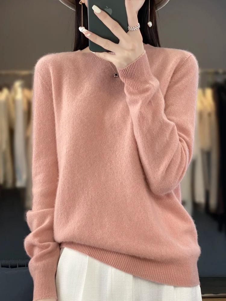 Eleganter Damen Strickpullover mit Rundhals in Hellrosa