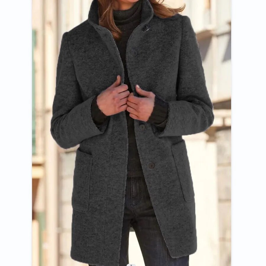 Eleganter Damen Wintermantel im klassischen Wollstil in Dunkelgrau