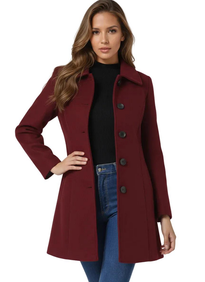 Eleganter Damen Wintermantel in Midi-Länge in Burgund