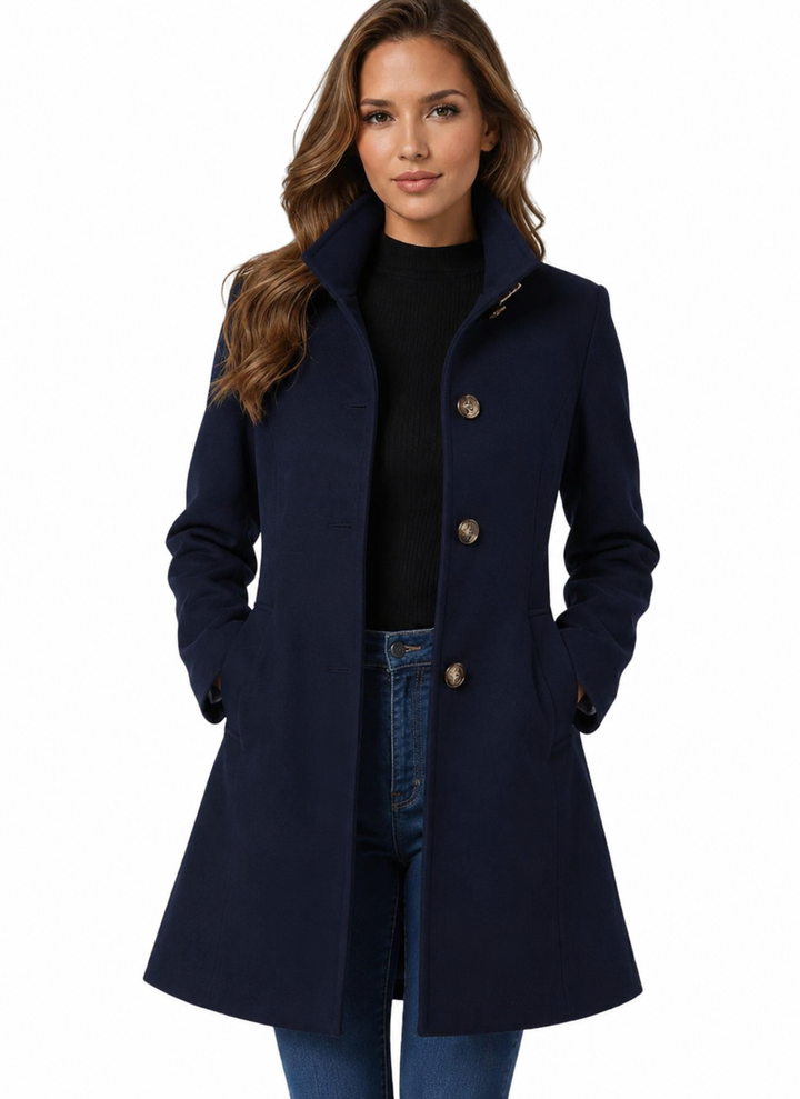 Eleganter Damen Wintermantel in Midi-Länge in Marineblau