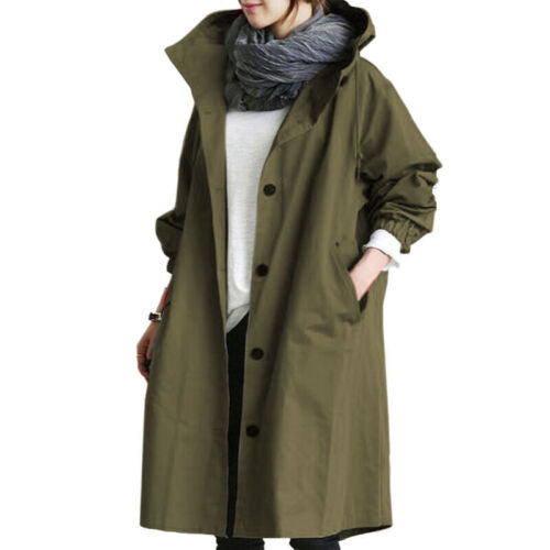 Eleganter Langer Kapuzen-Trenchcoat für Damen in Armeegrün