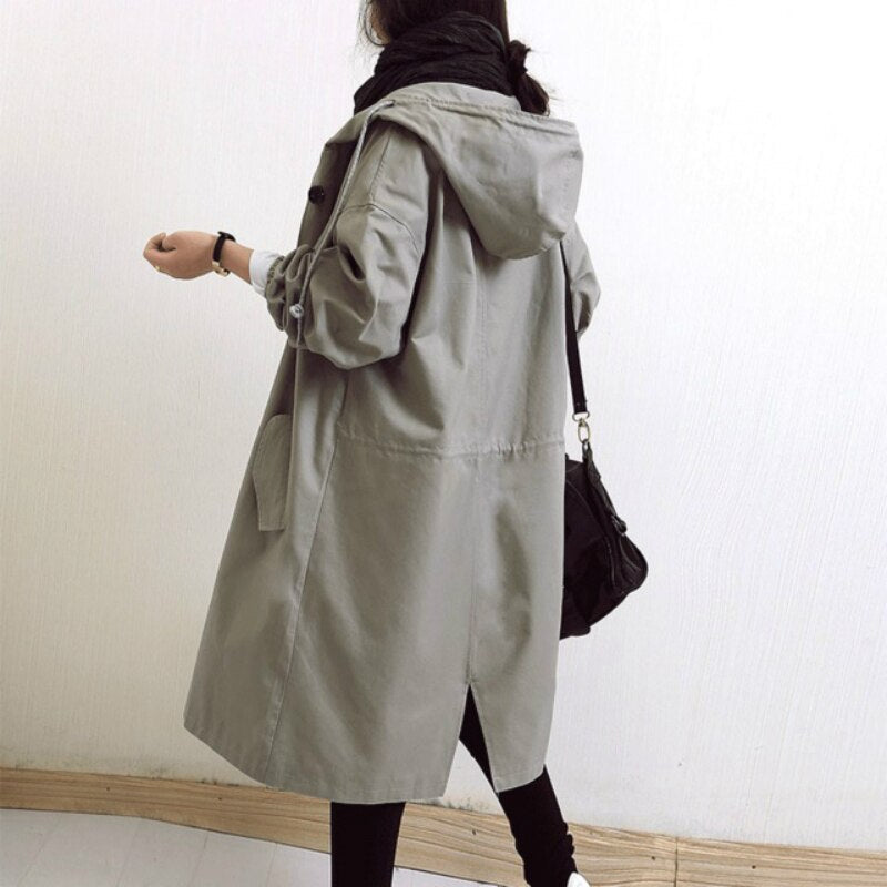Eleganter Langer Kapuzen-Trenchcoat für Damen in Grau 1