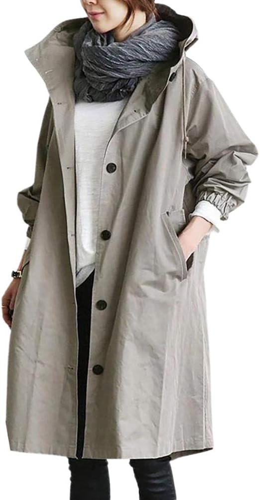 Eleganter Langer Kapuzen-Trenchcoat für Damen in Grau 2