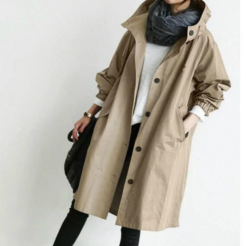 Eleganter Langer Kapuzen-Trenchcoat für Damen in Khaki